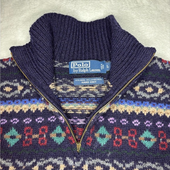 VTG Polo Ralph Lauren Wool Hand Knit Fair Isle Knit Sweater L Men Quarter Zip - Picture 5 of 9